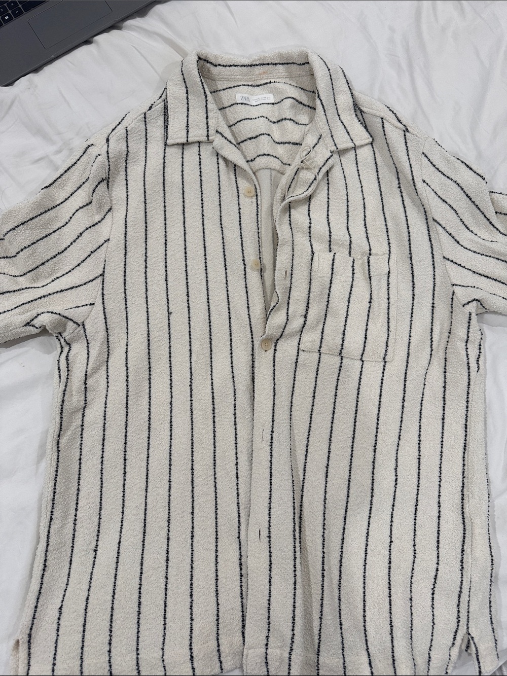Zara Cream & Black Stripe Short-Sleeve Button Shirt